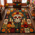 Day Of The Dead Floral Sugar Skull area rug in a living room