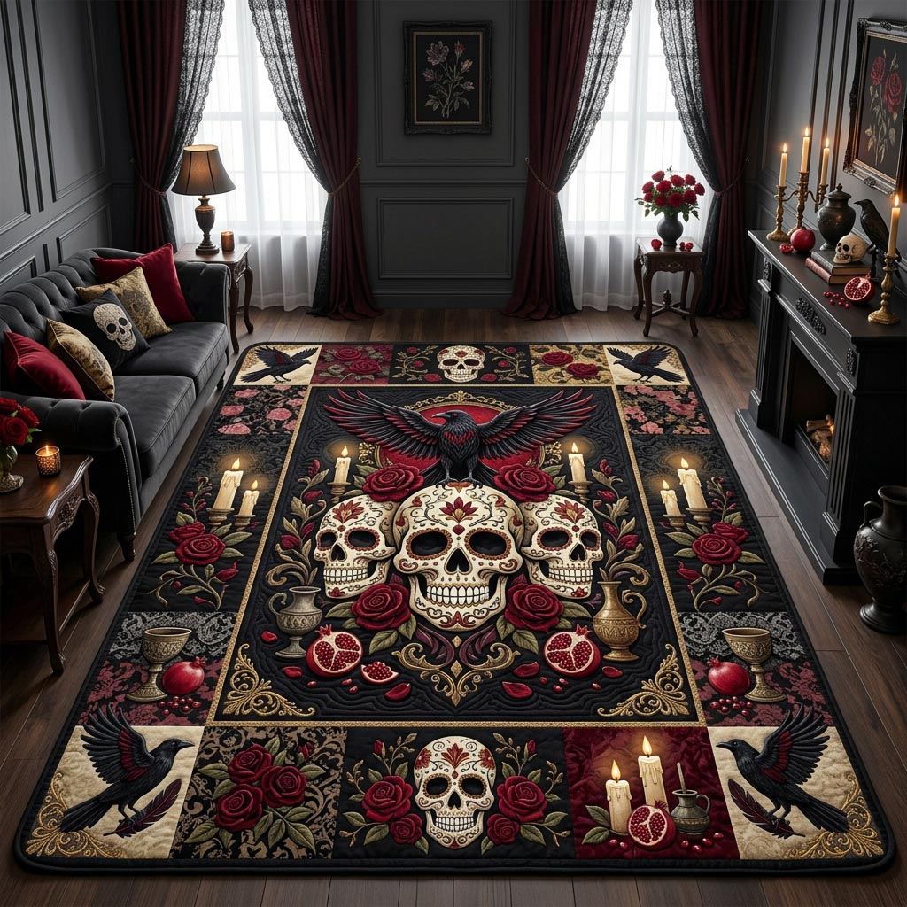 Day Of The Dead Floral Sugar Skull area rug in a living room