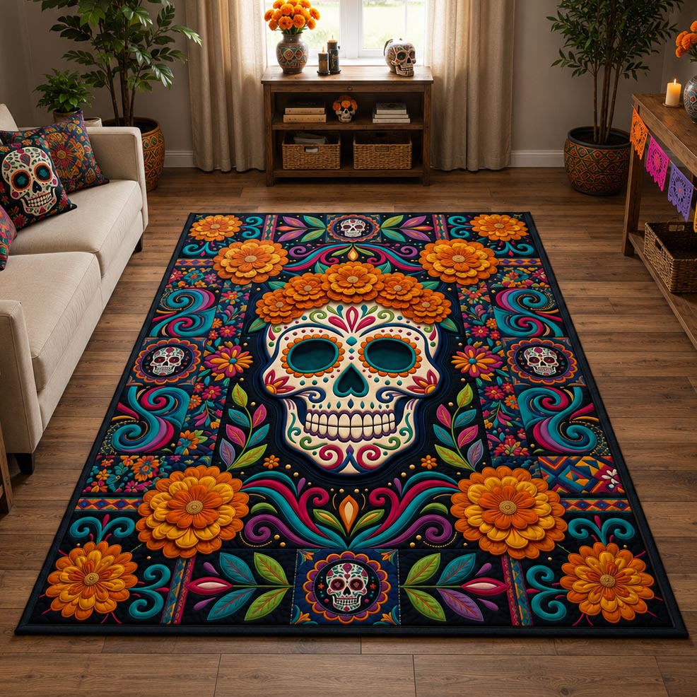 Day Of The Dead Floral Sugar Skull area rug in a living room