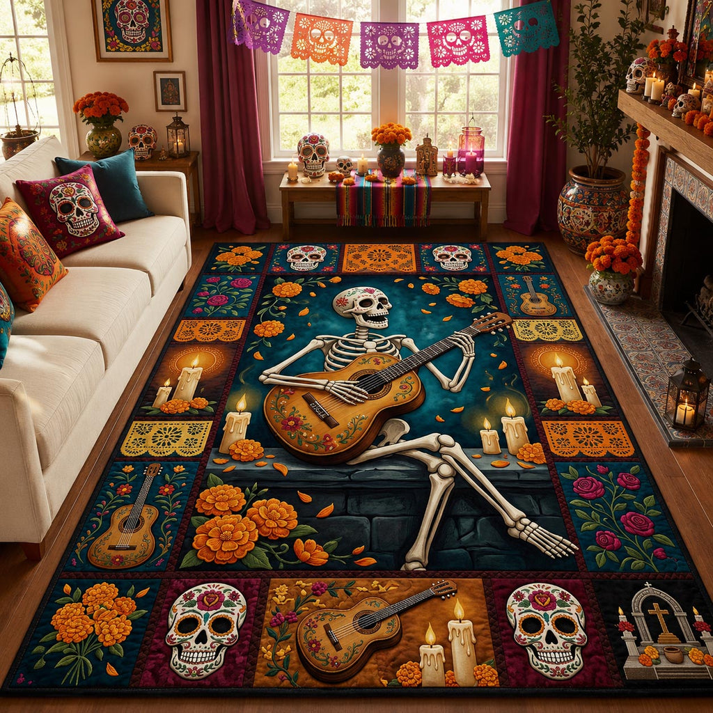 Day Of The Dead Guitarist area rug in a living room