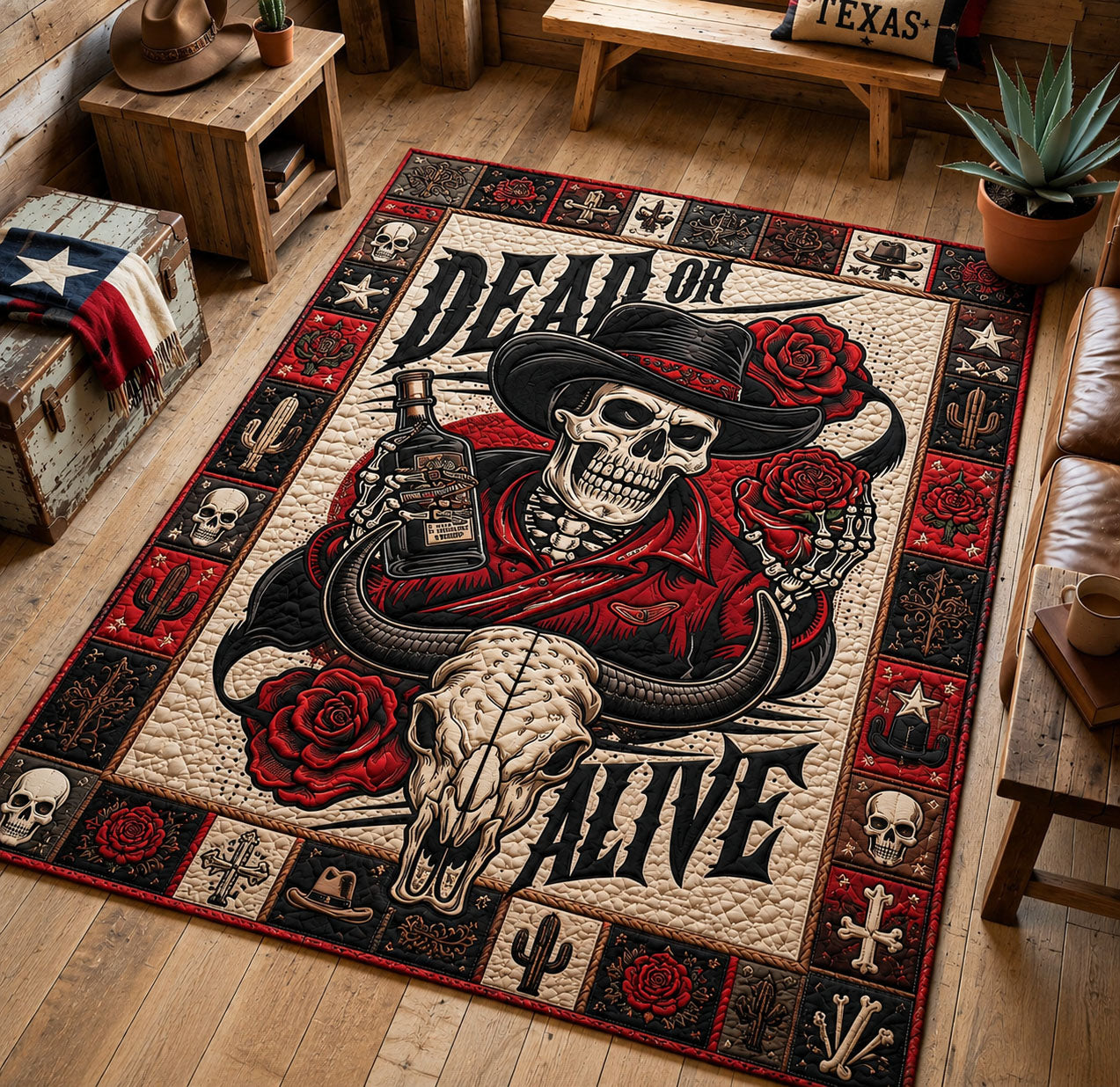 Dead Or Alive Skeleton area rug in a living room