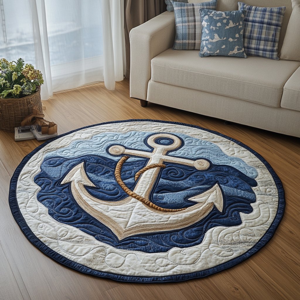 Deep Blue Anchor Round Mat Rug - Nature Design | Serene Home Decor