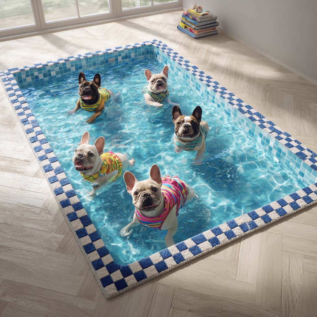 Deep-Dive Frenchies area rug in a living room