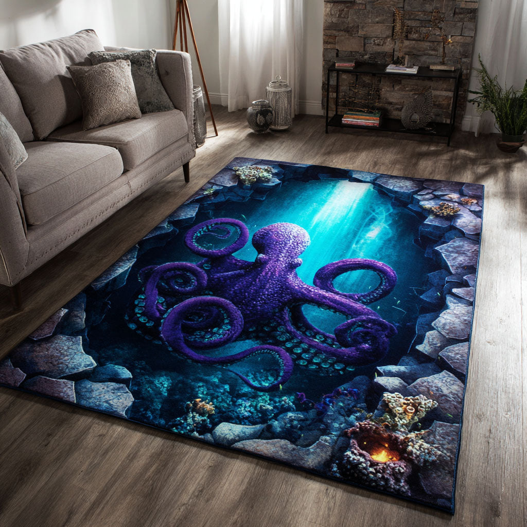Deep Octopus area rug in a living room