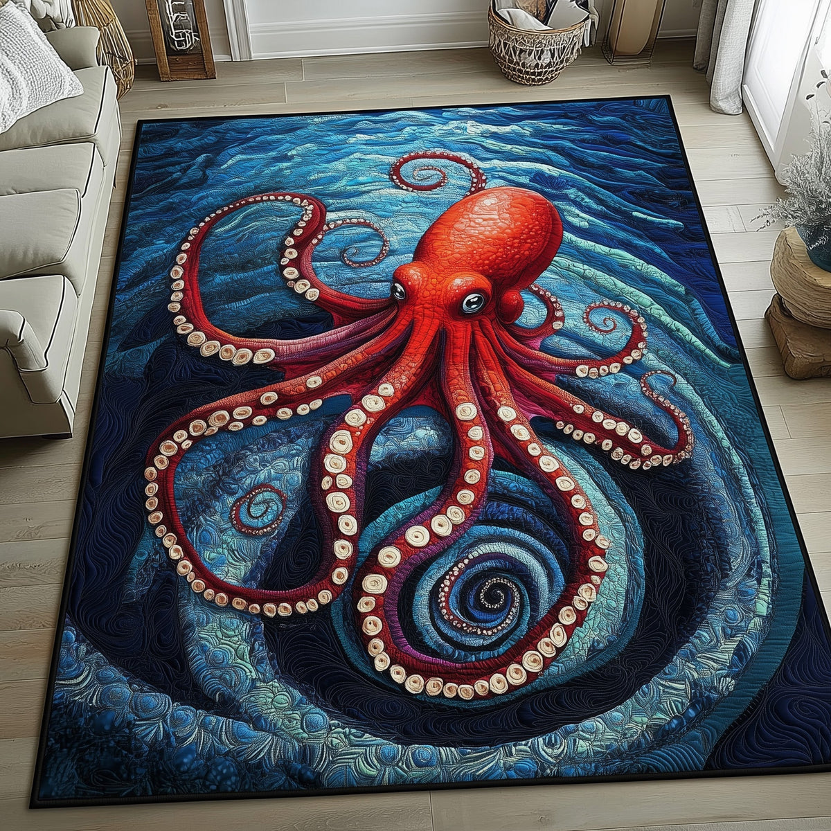 Deep Sea Tentacle area rug in a living room