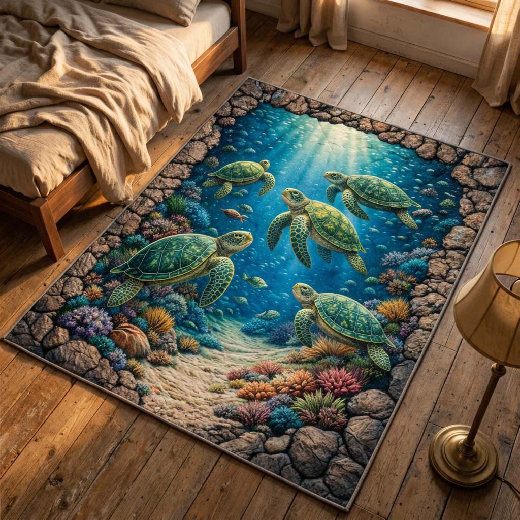 Deep Sea Turtles area rug in a living room