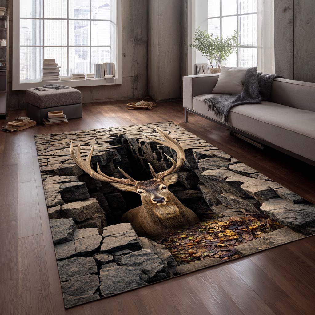Deer area rug in a living room