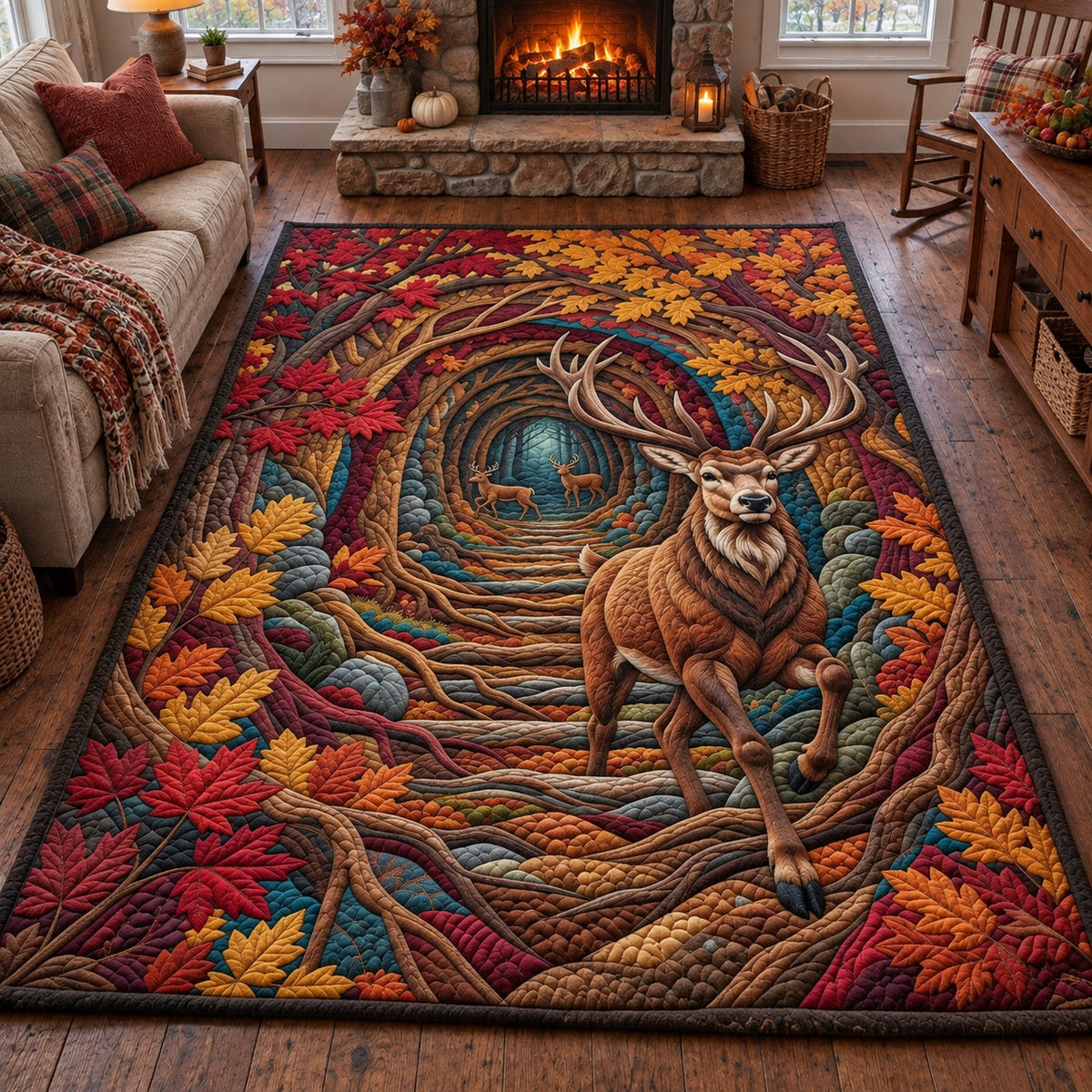 Deer Autumn Tunnel area rug in a living room