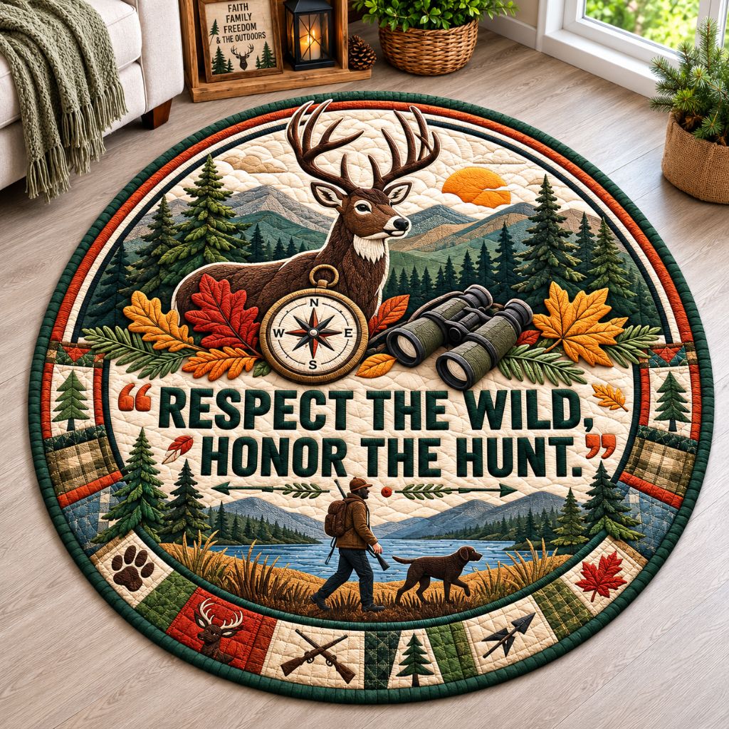Deer Hunter Trails Round Mat Rug - Cute Animal Design | Charming Home Decor - washable non-slip printed rug