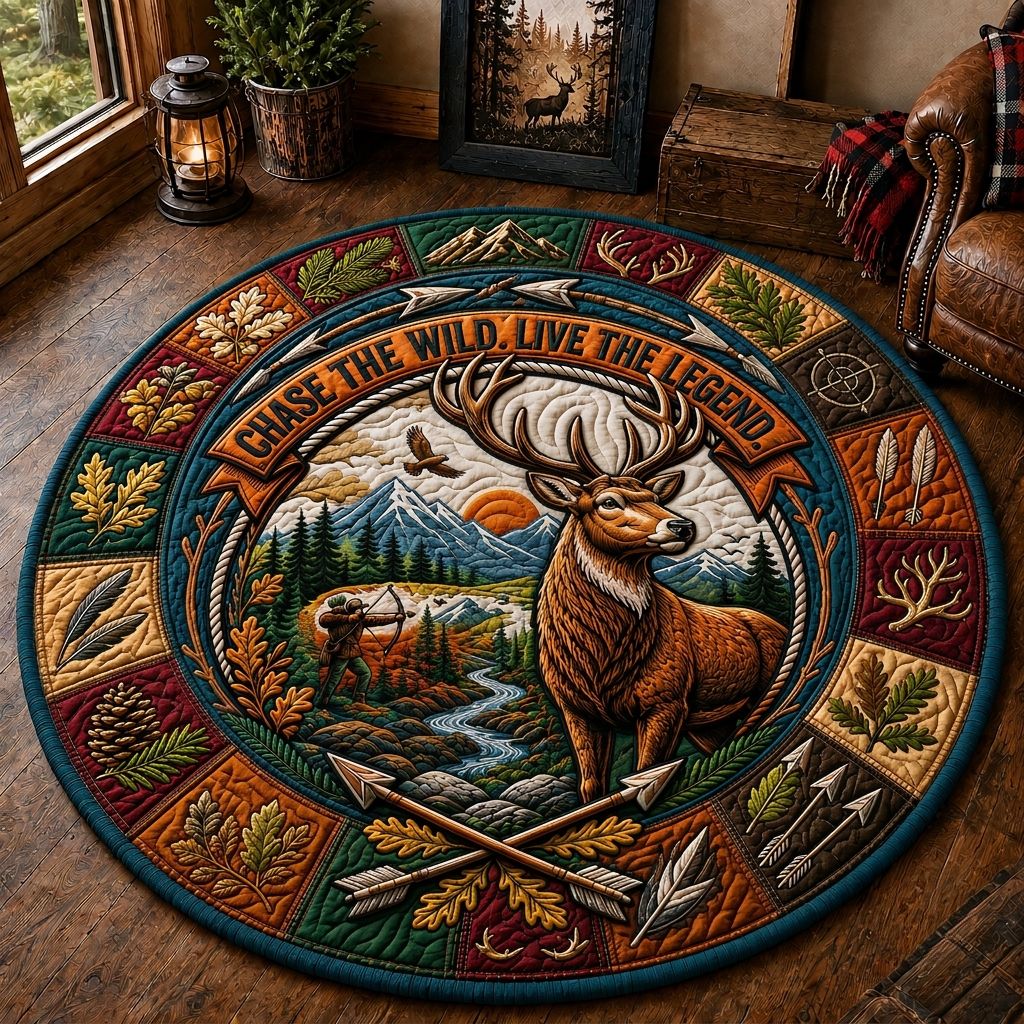 Deer Hunting Country Round Mat Rug - Cute Animal Design | Charming Home Decor - washable non-slip printed rug