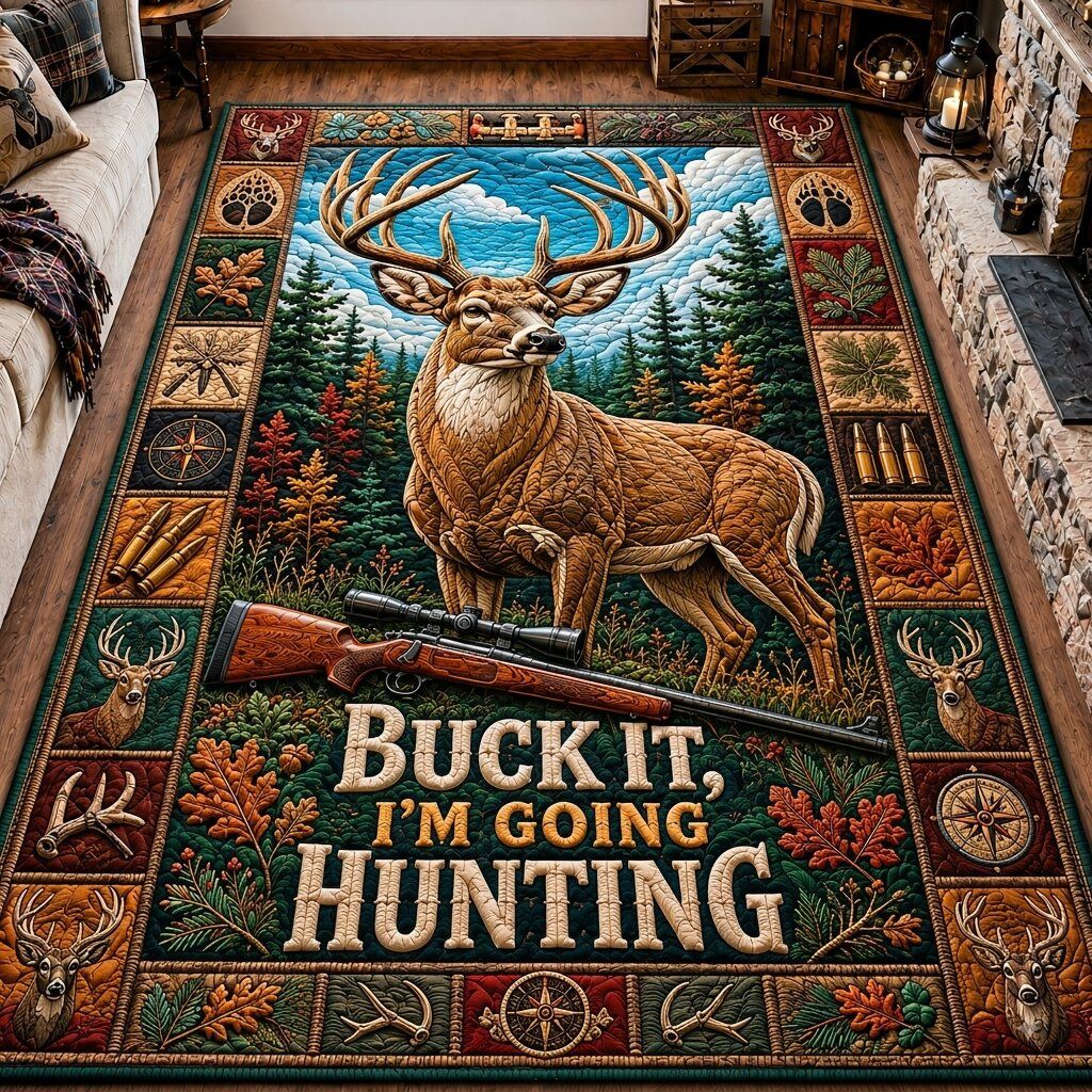 Deer Hunting Woods area rug in a living room
