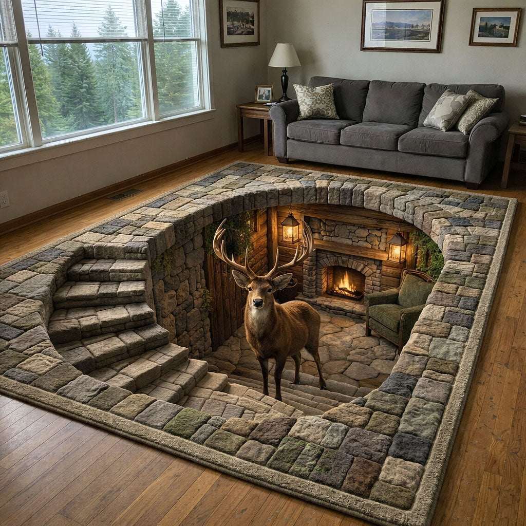 Deer Serenity area rug in a living room