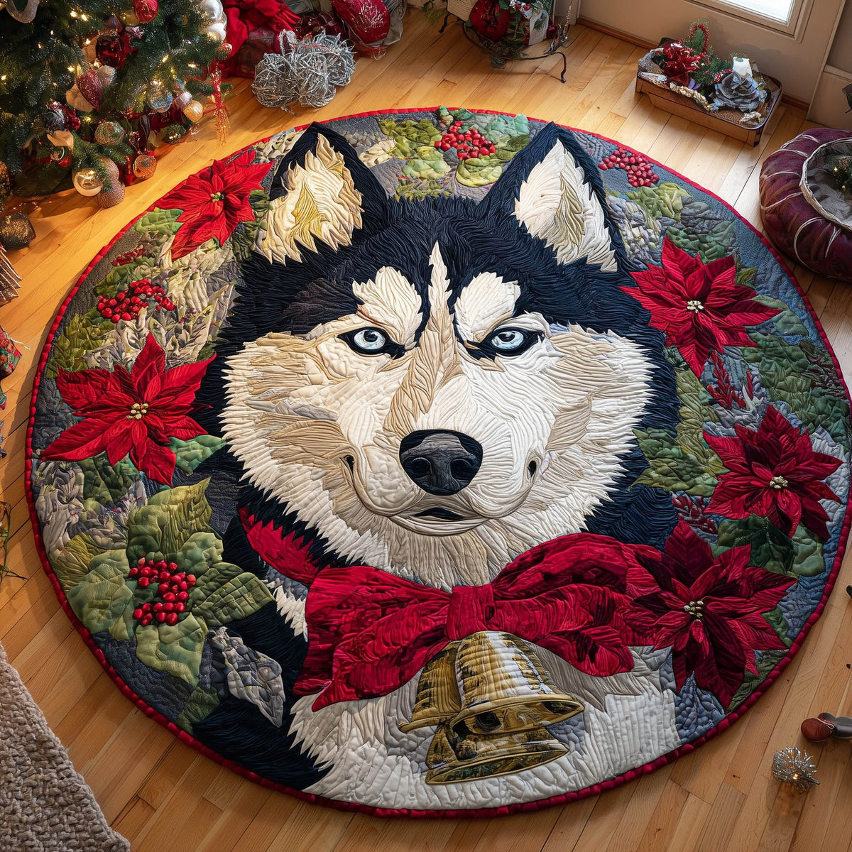 Delightful Husky Round Mat Rug - washable non-slip printed rug