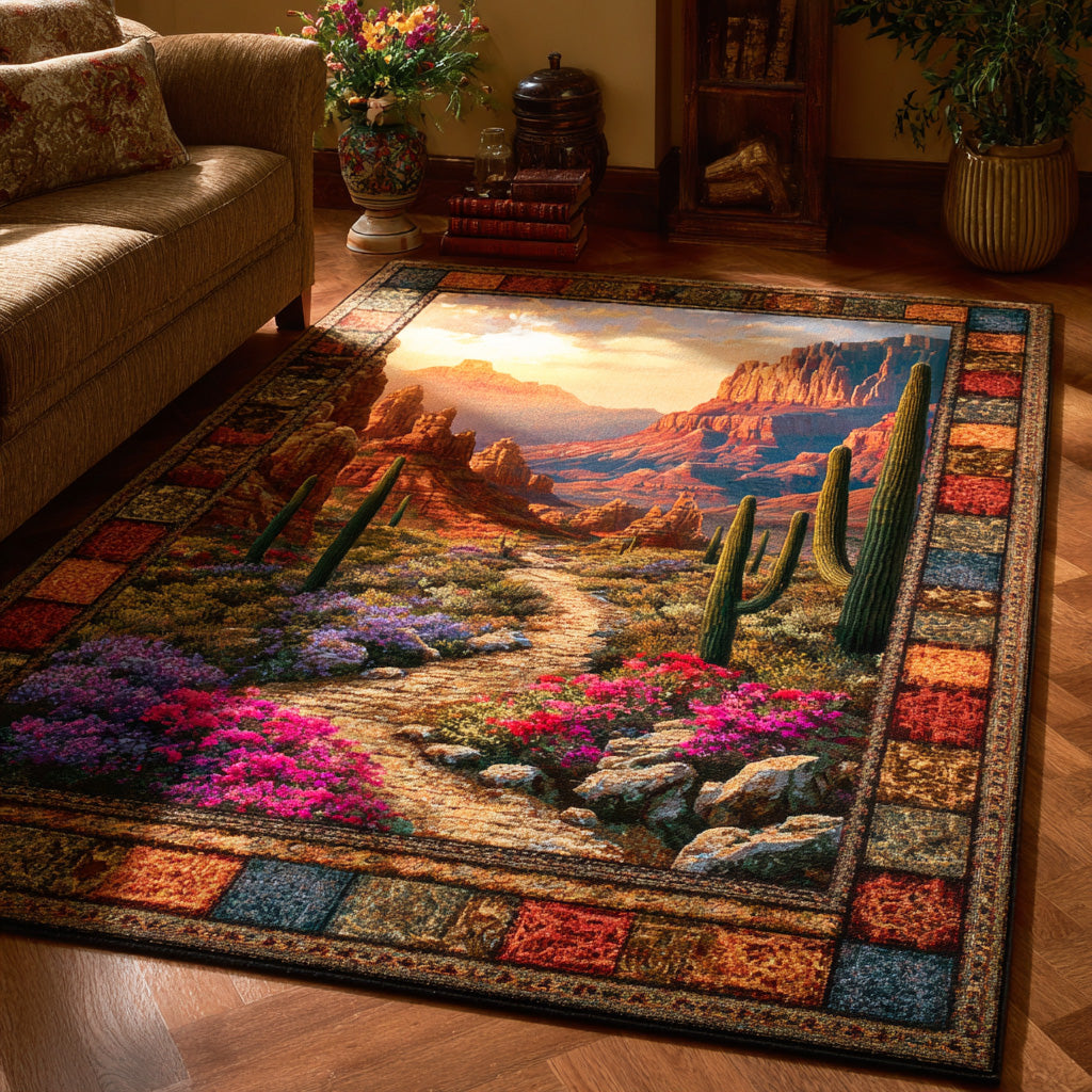 Desert Bloom area rug in a living room