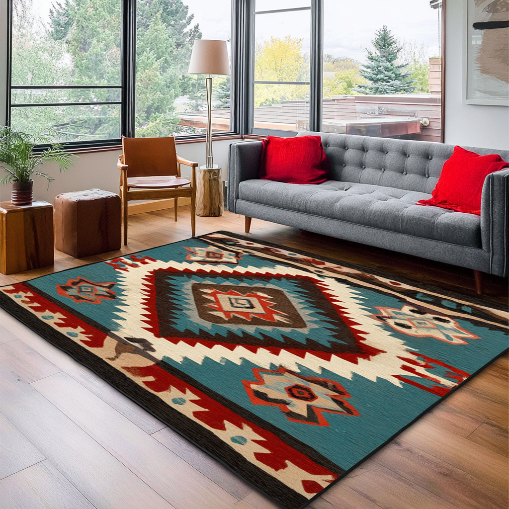 Desert Flame area rug in a living room