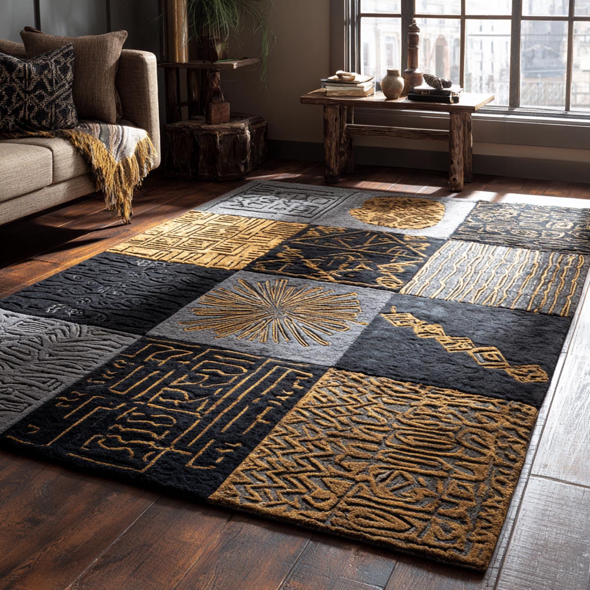 Desert Rhythm area rug in a living room