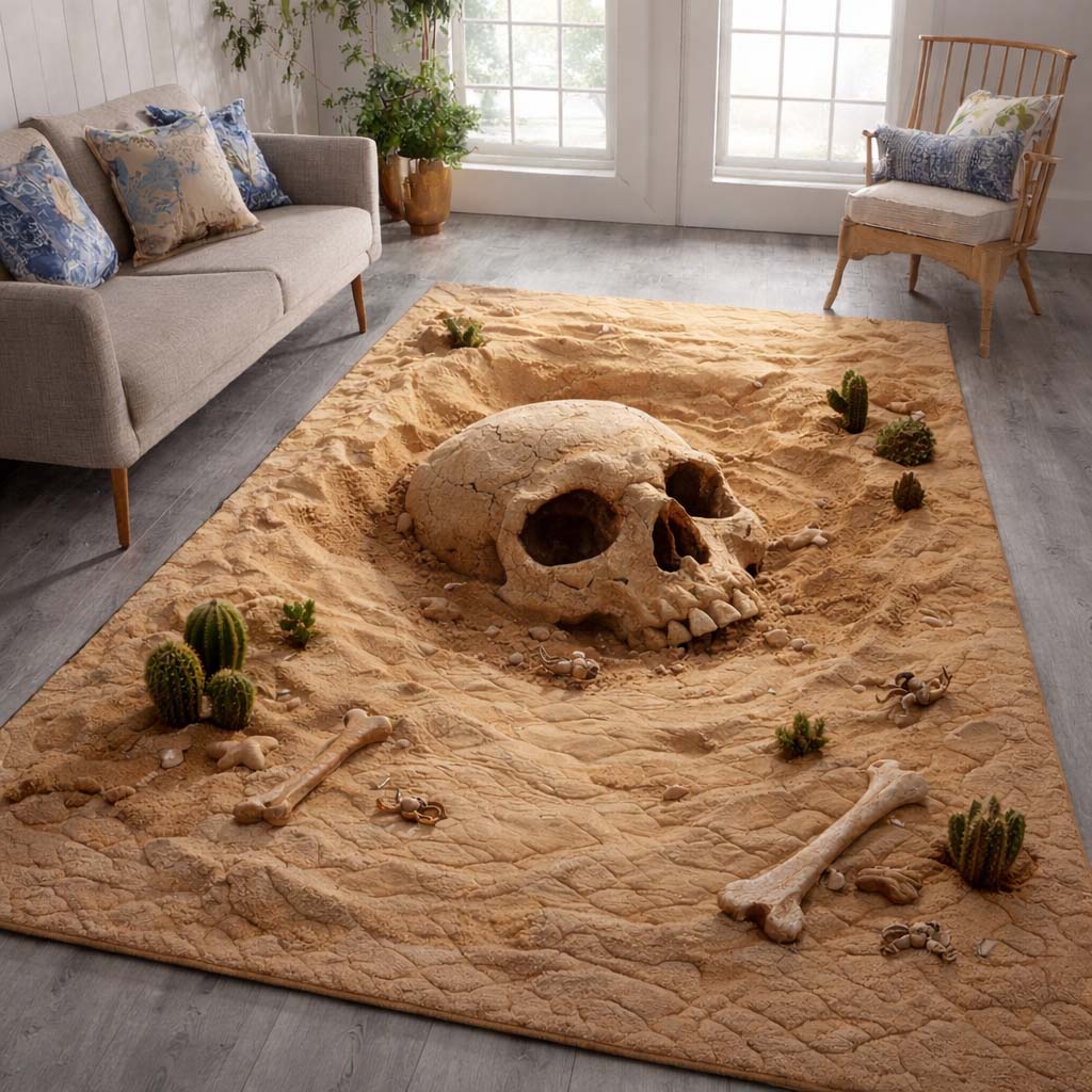 Desert Skull Relic area rug in a living room