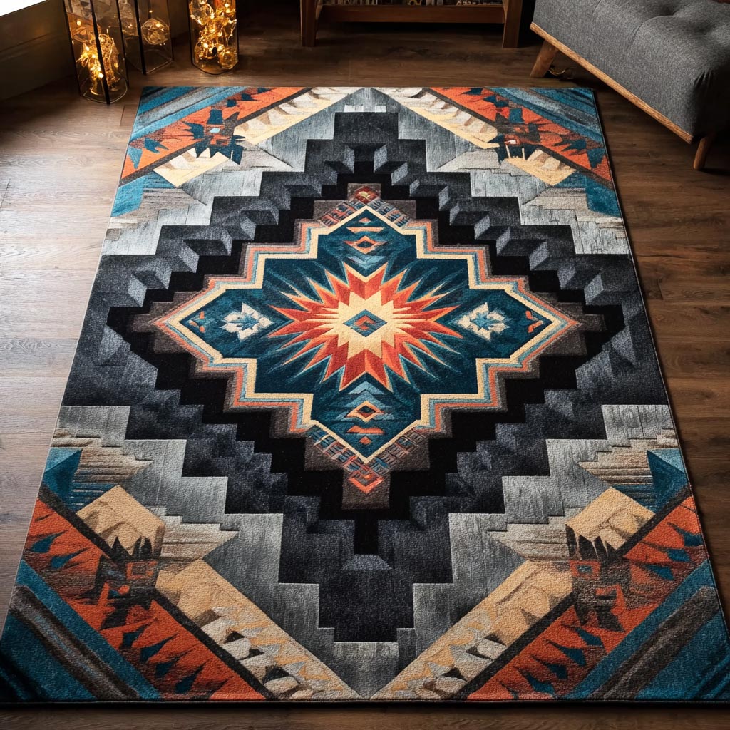 Desert Symbols area rug in a living room