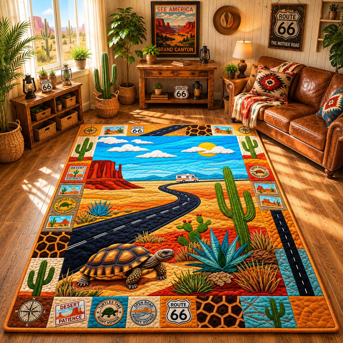 Desert Turtle Voyage area rug in a living room