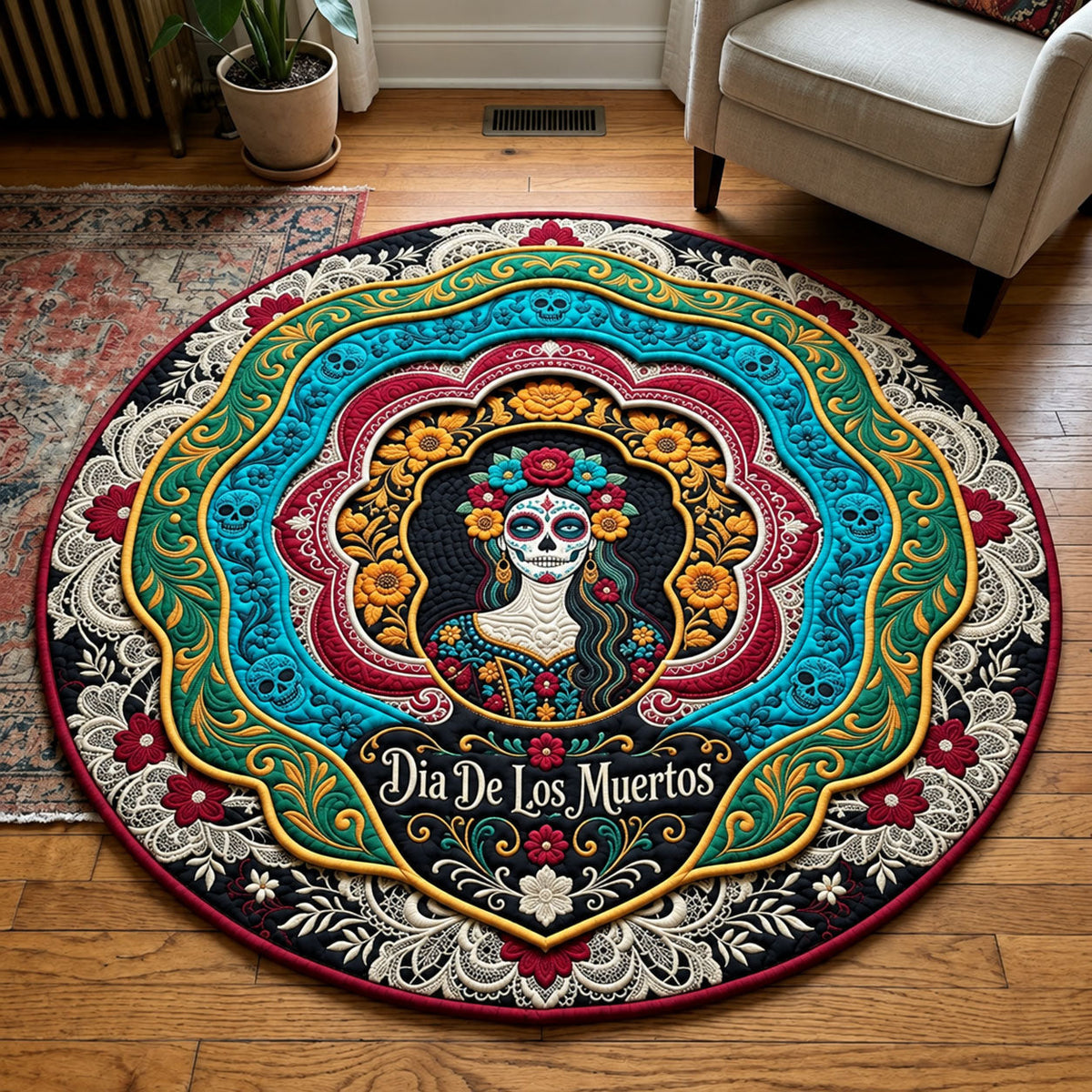 Dia De Los Muertos Round Mat Rug - Nature Design | Nature Round Rug - washable non-slip printed rug
