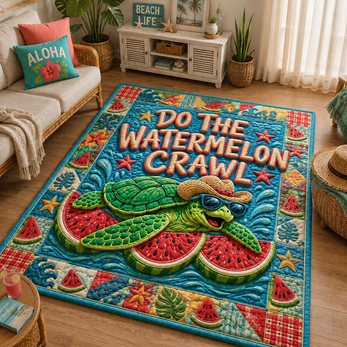 Do The Watermelon Crawl area rug in a living room