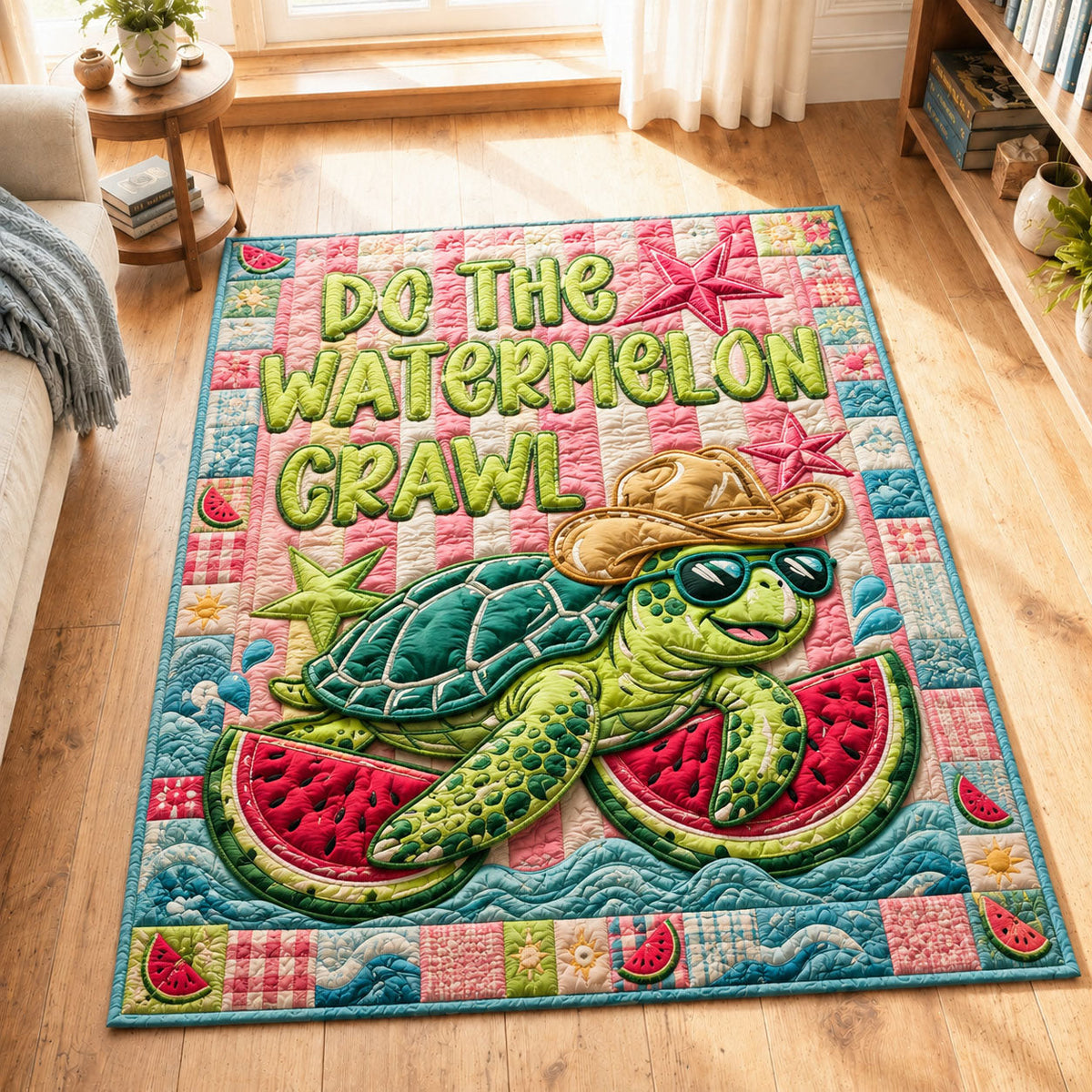 Do The Watermelon Crawl area rug in a living room