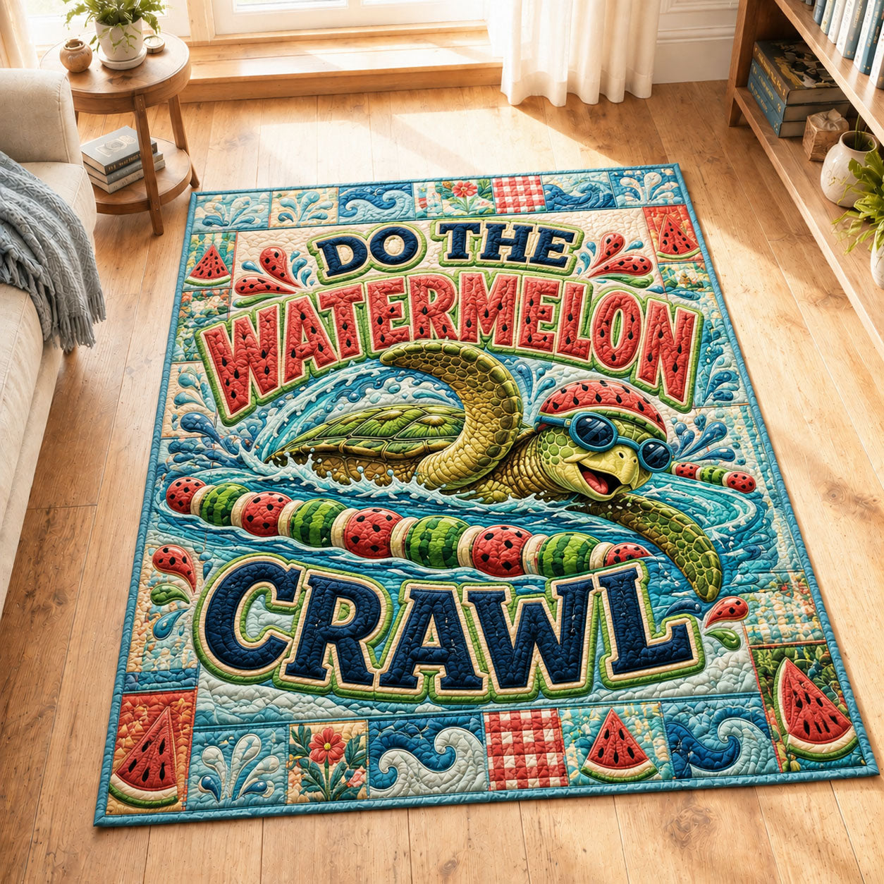 Do The Watermelon Crawl area rug in a living room