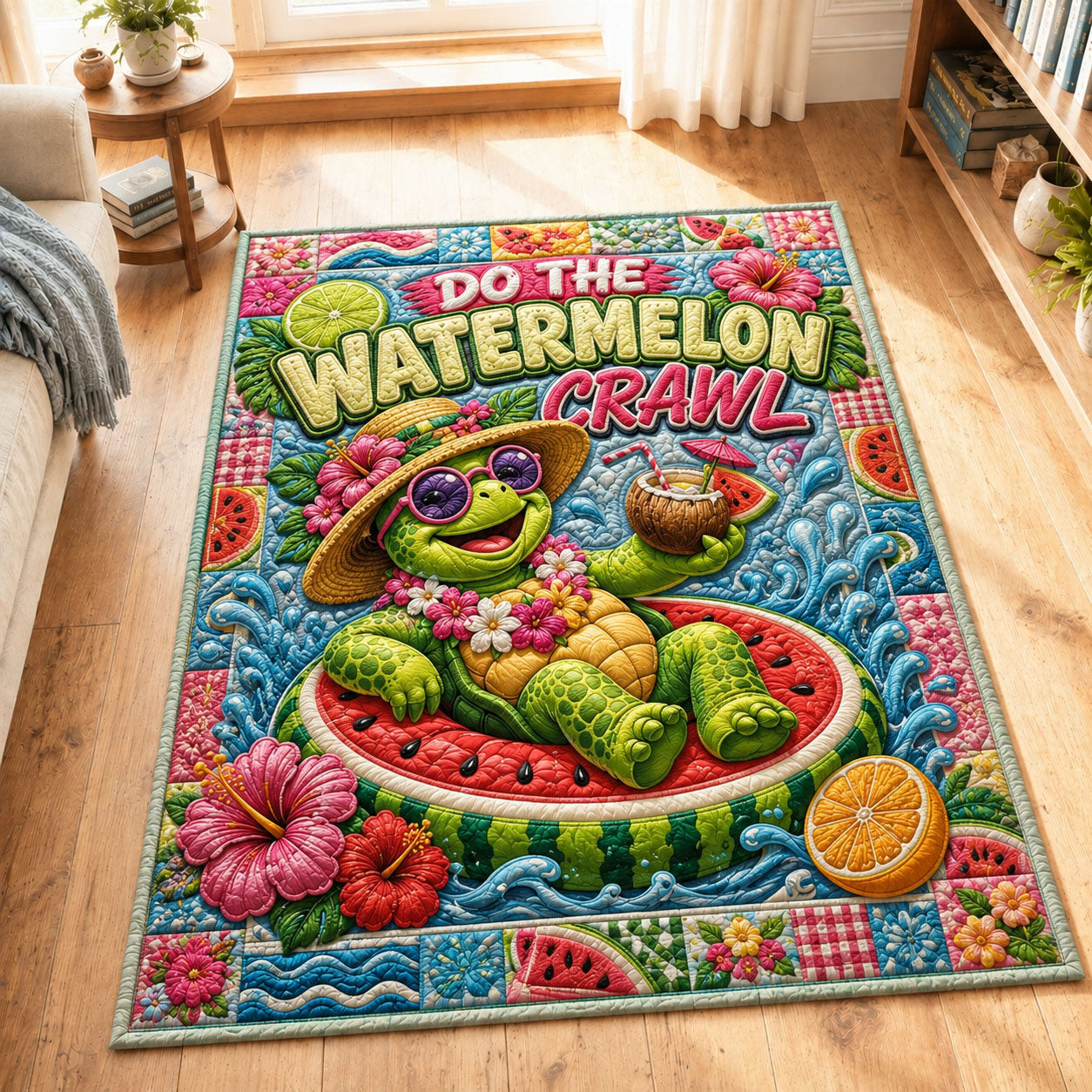 Do The Watermelon Crawl area rug in a living room