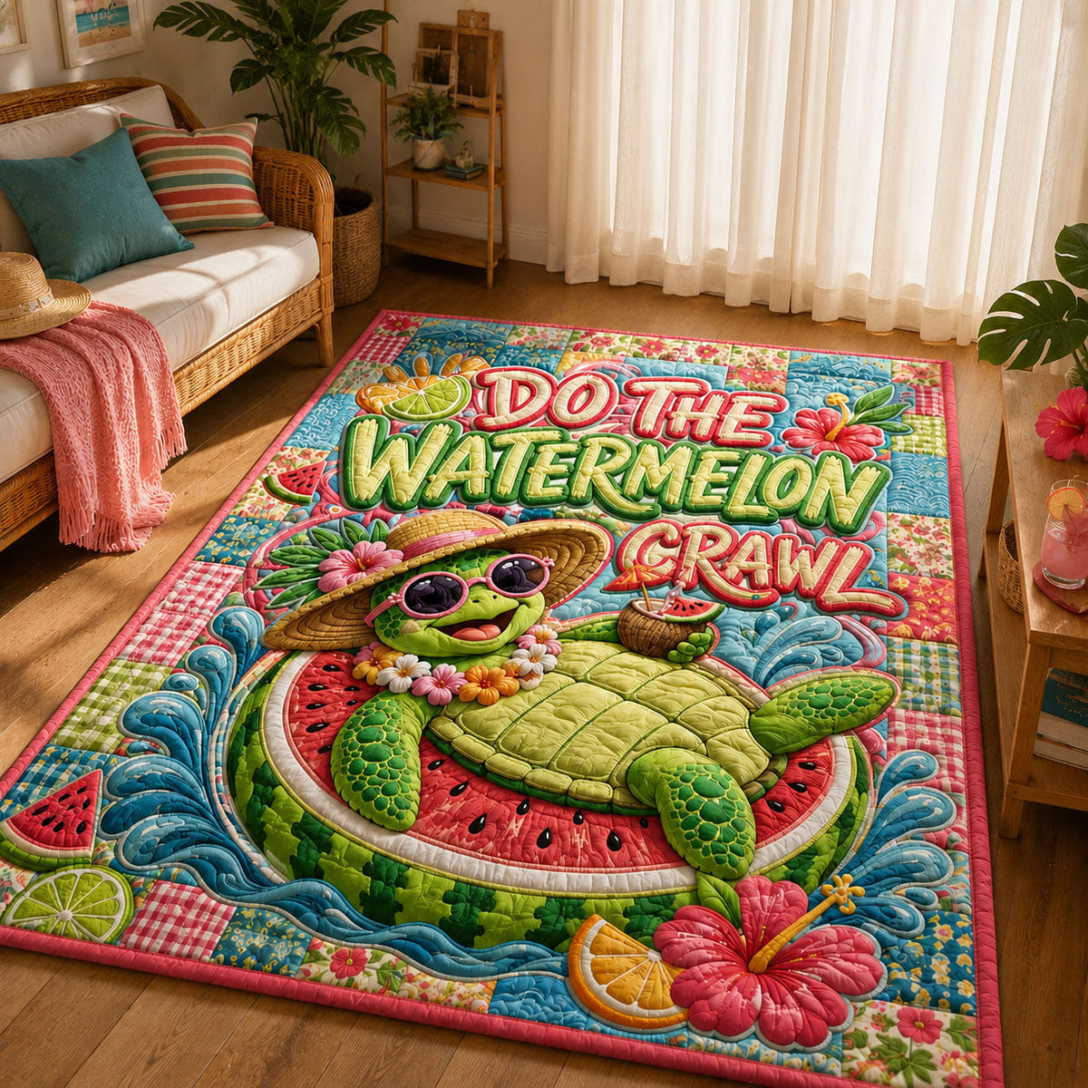 Do The Watermelon Crawl area rug in a living room