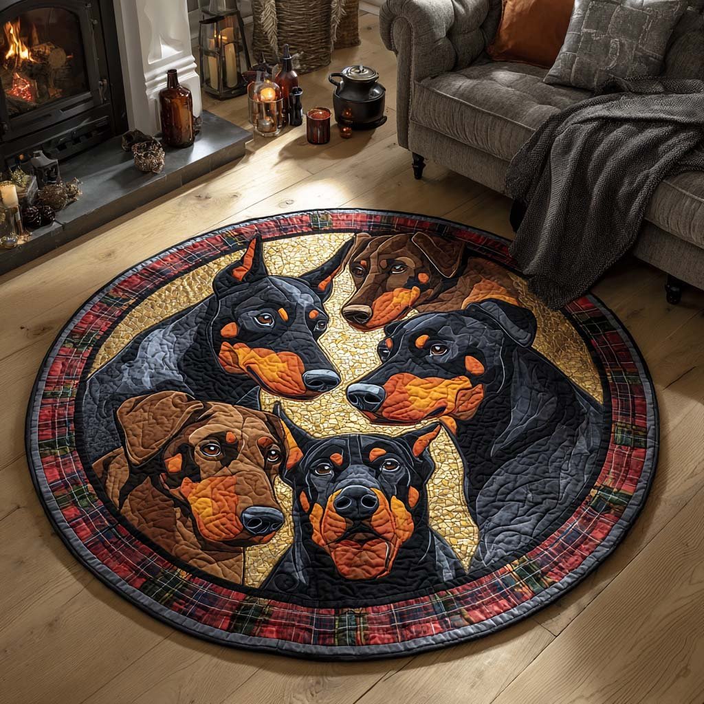 Doberman Christmas Guard Round Mat Rug - washable non-slip printed rug