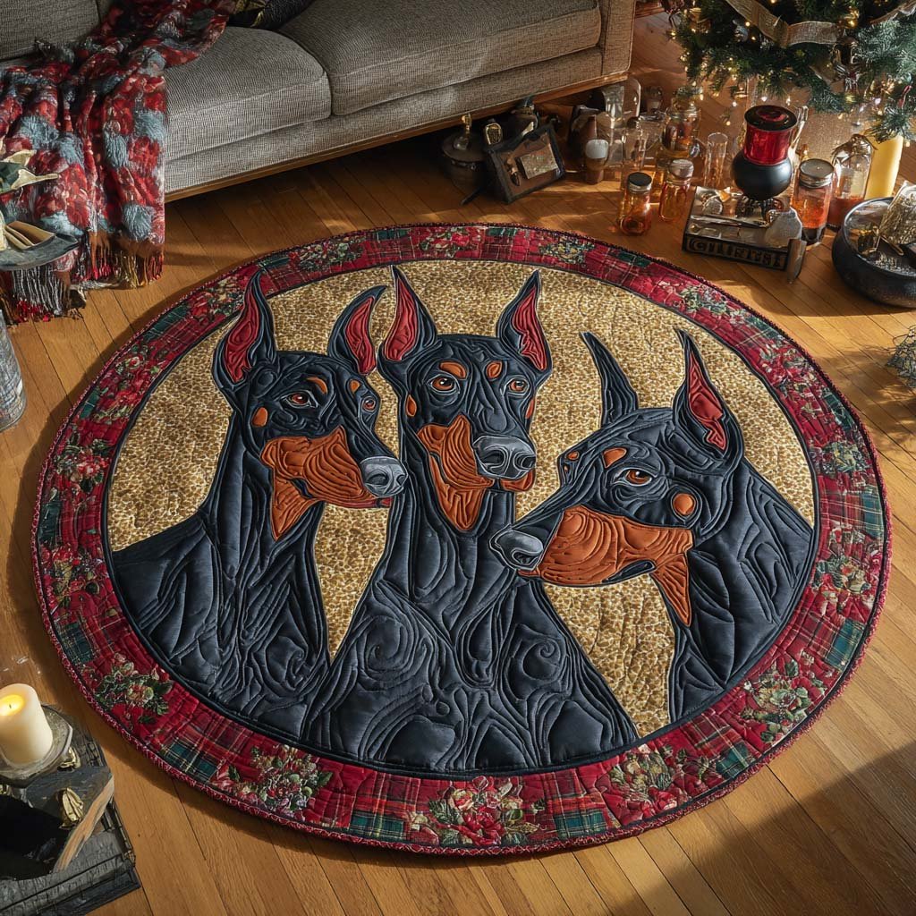 Doberman Festive Trio Round Mat Rug - Nature Design | Serene Home Decor