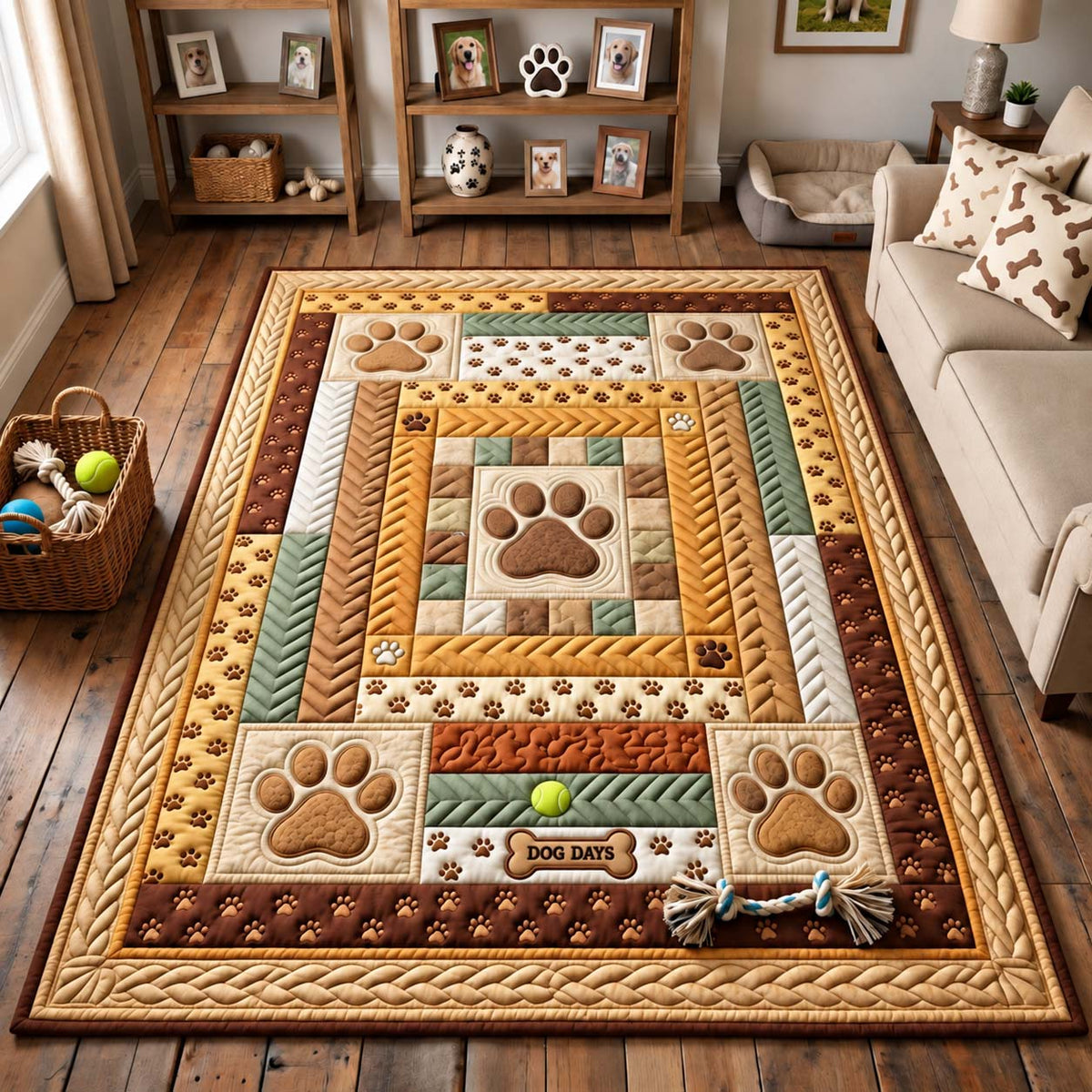 Dog Days Log Cabin area rug in a living room