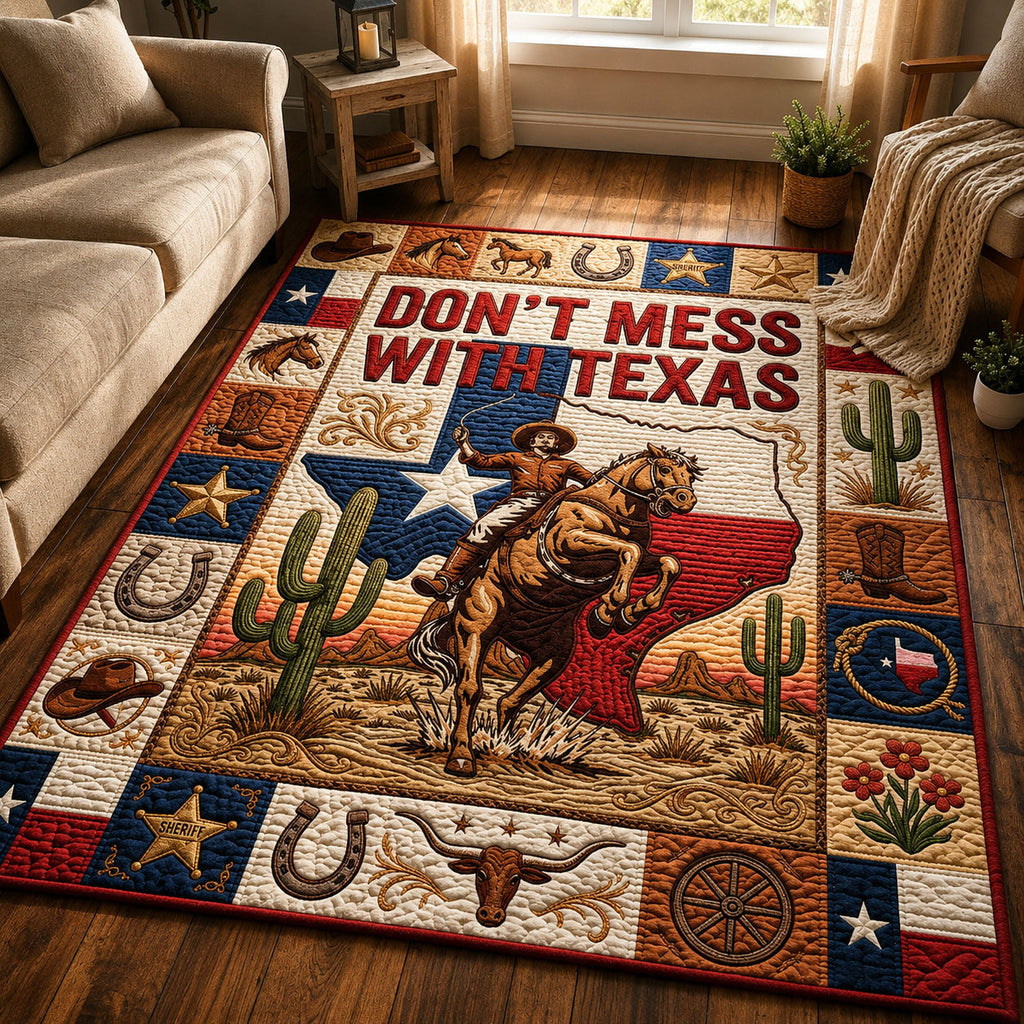 Dont Mess With Texas area rug in a living room