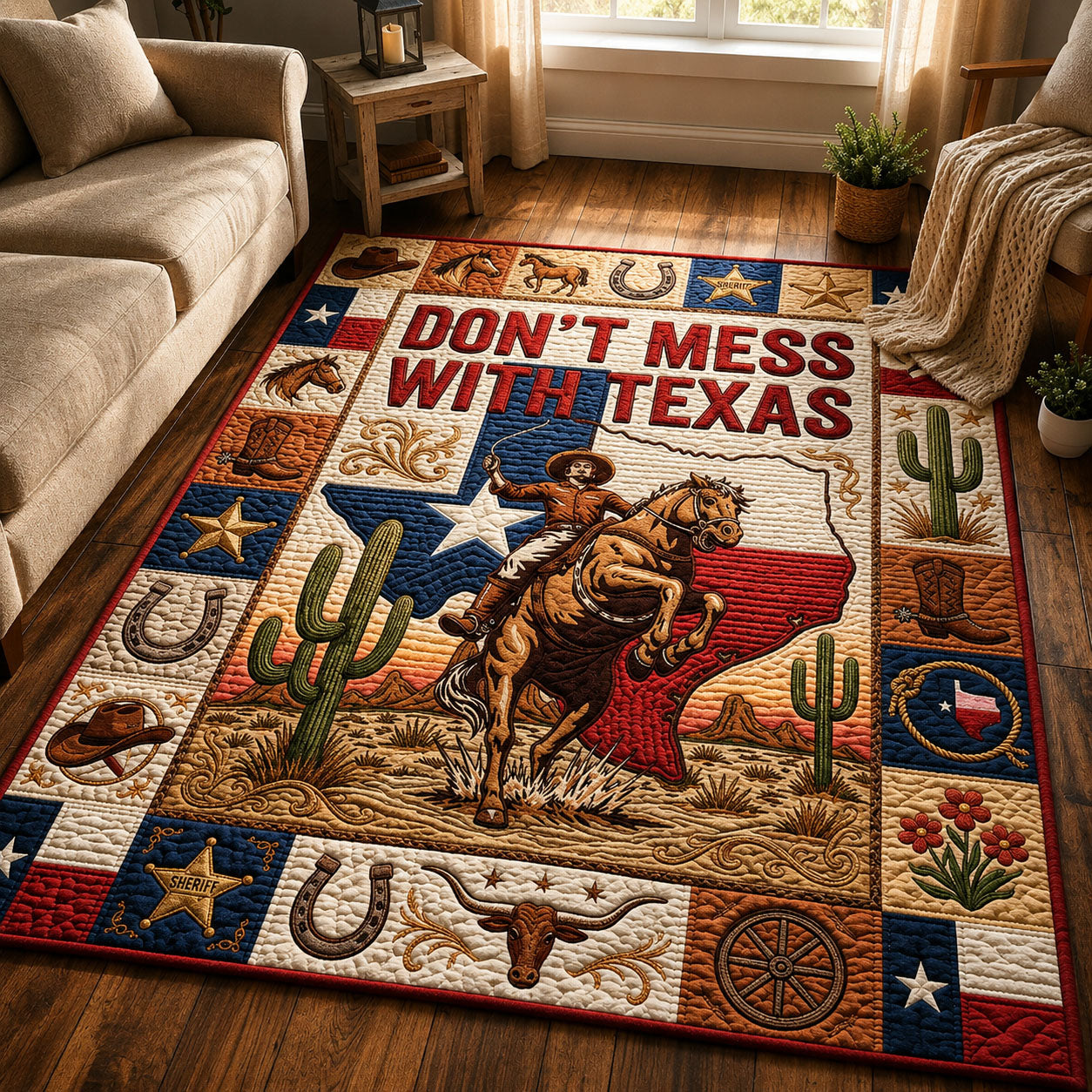 Dont Mess With Texas area rug in a living room