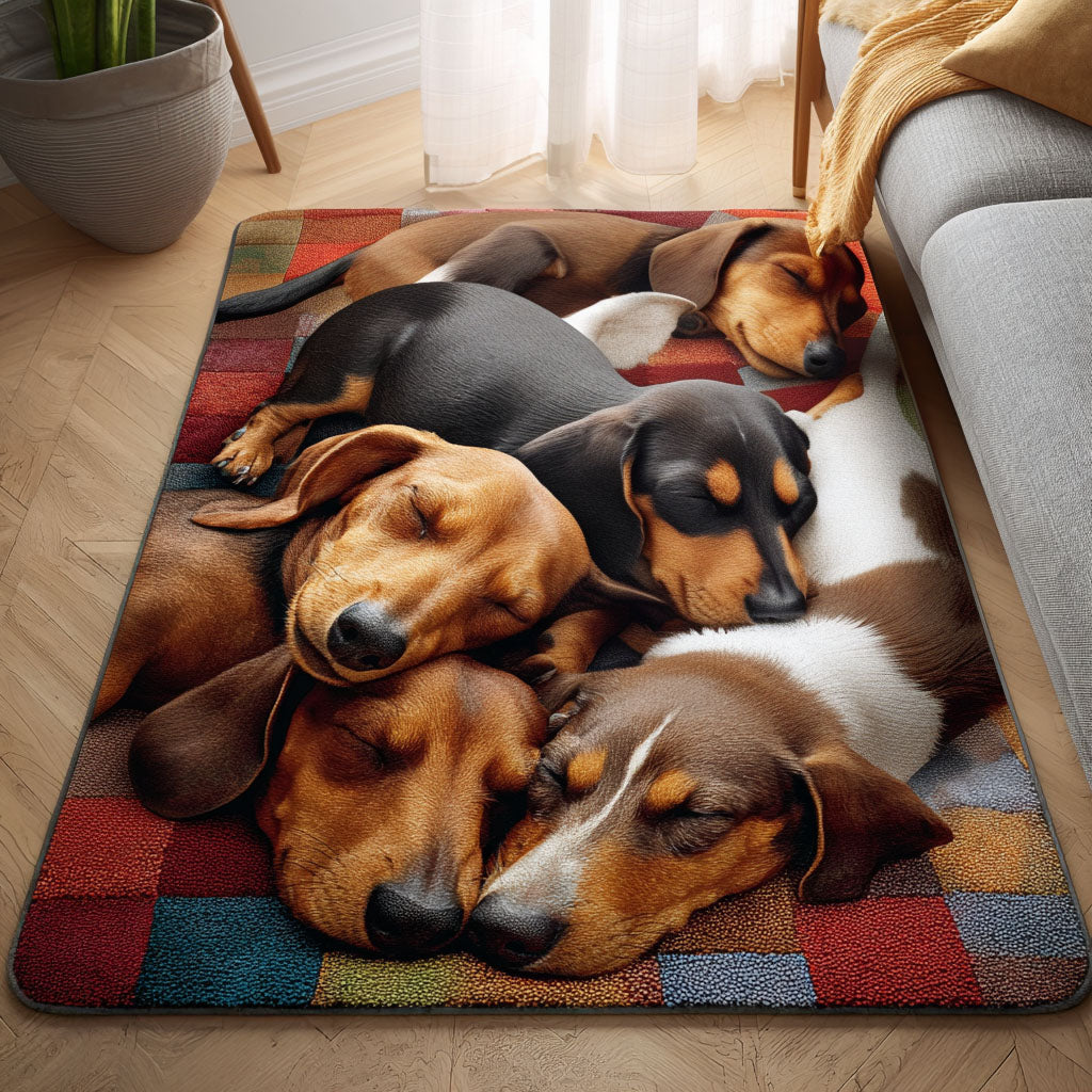 Doxie Nap Curl area rug in a living room