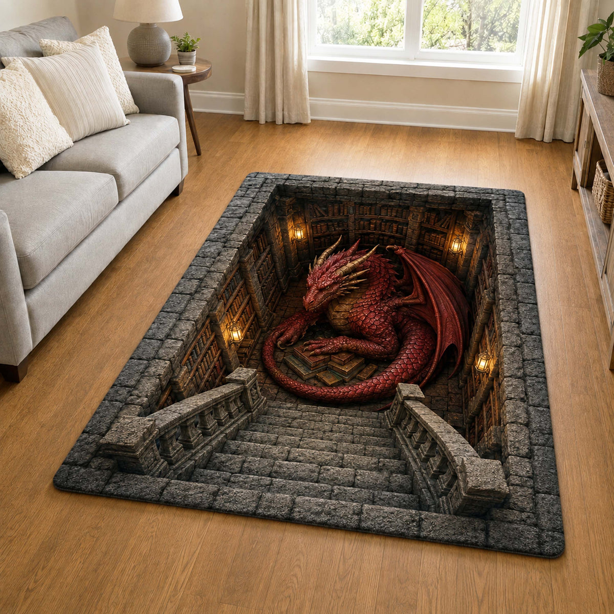 Dragon Archives area rug in a living room