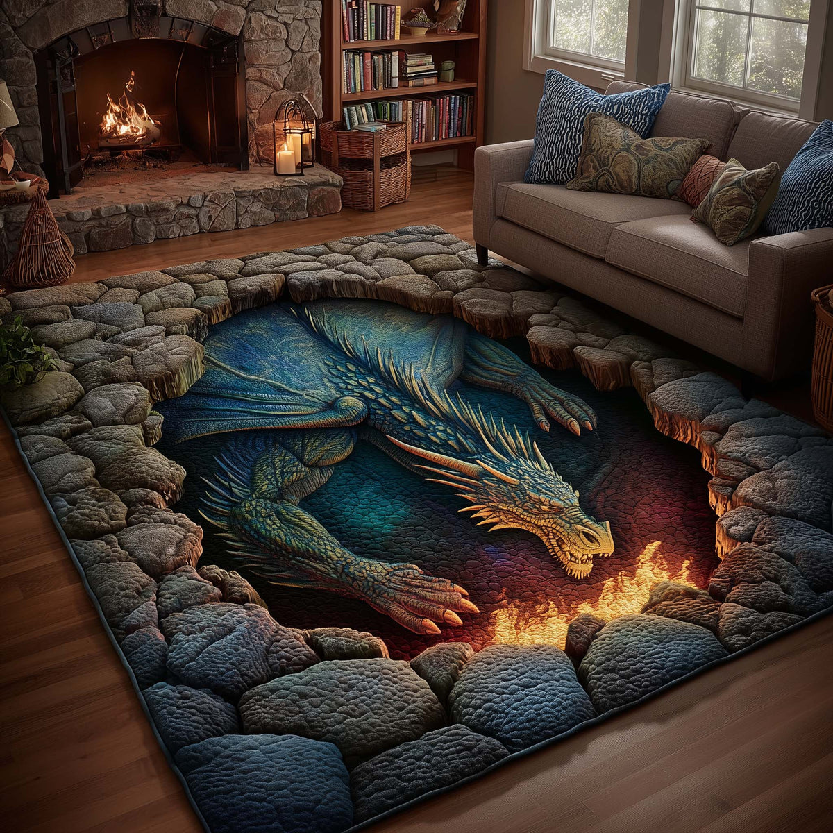 Dragon area rug in a living room