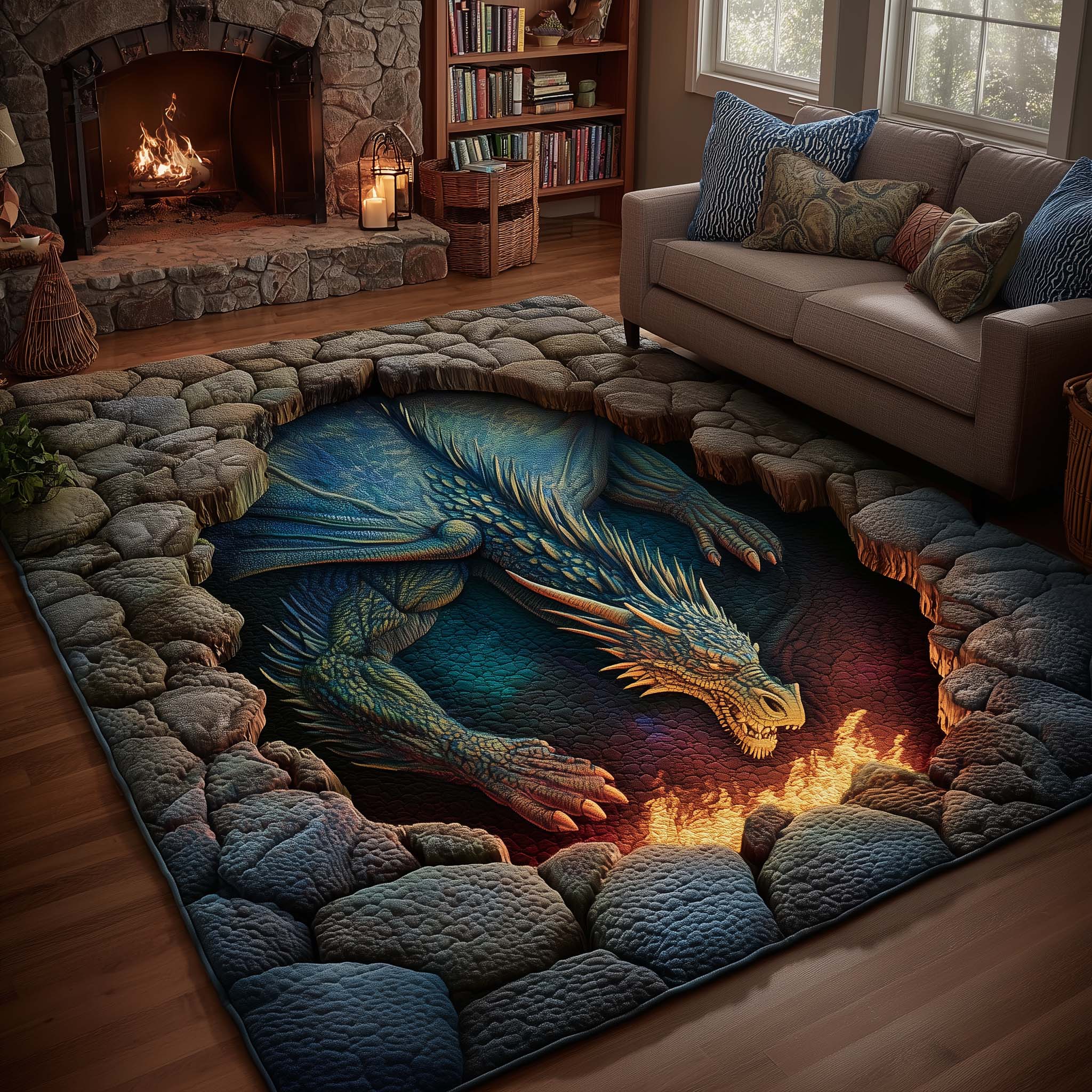 Dragon area rug in a living room
