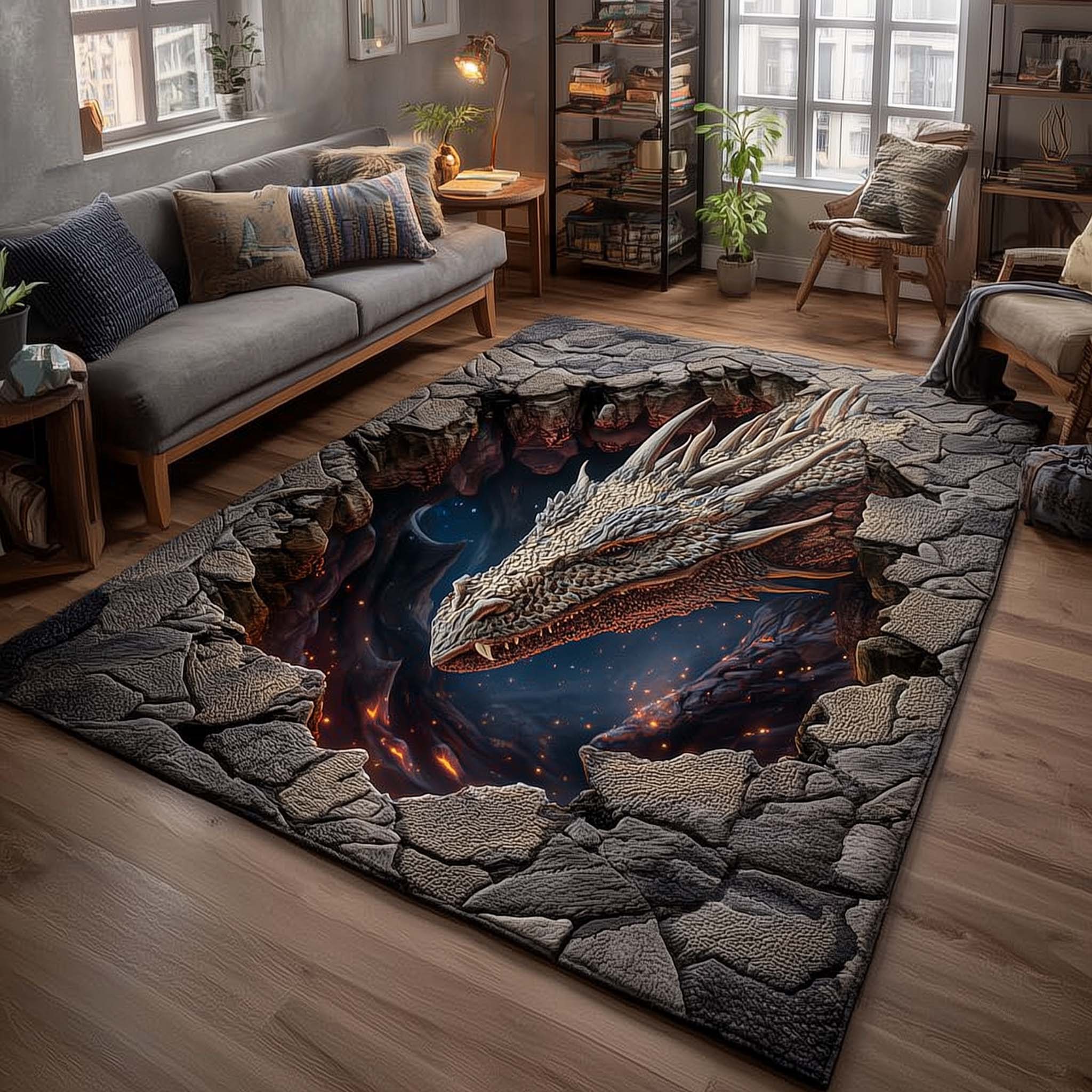 Dragon area rug in a living room