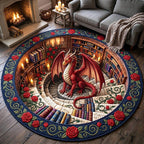 Dragon Book Nook Round Mat Rug - Cute Animal Design | Charming Home Decor - washable non-slip printed rug