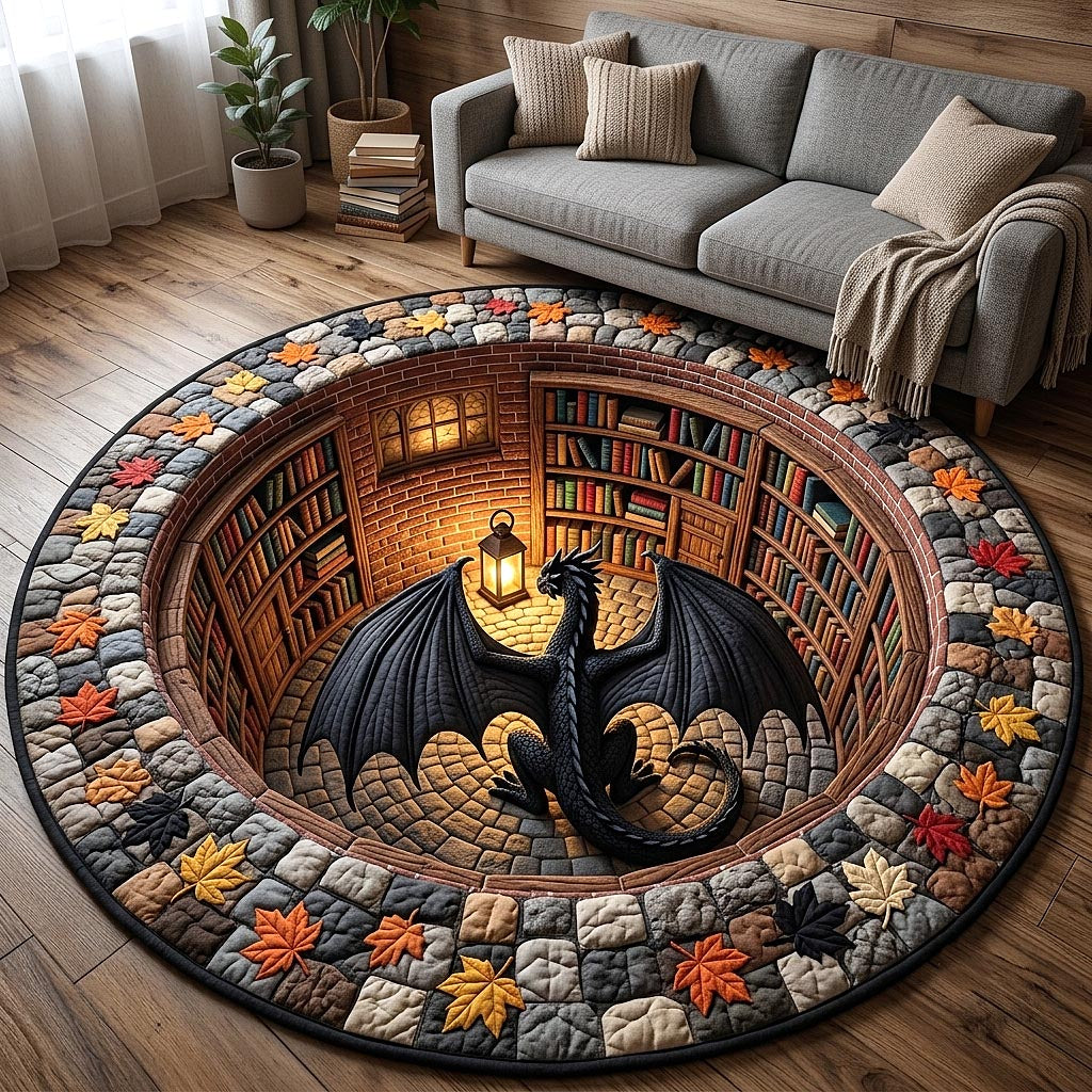 Dragon Book Nook Round Mat Rug - Cute Animal Design | Cute Animal Round Rug - washable non-slip printed rug