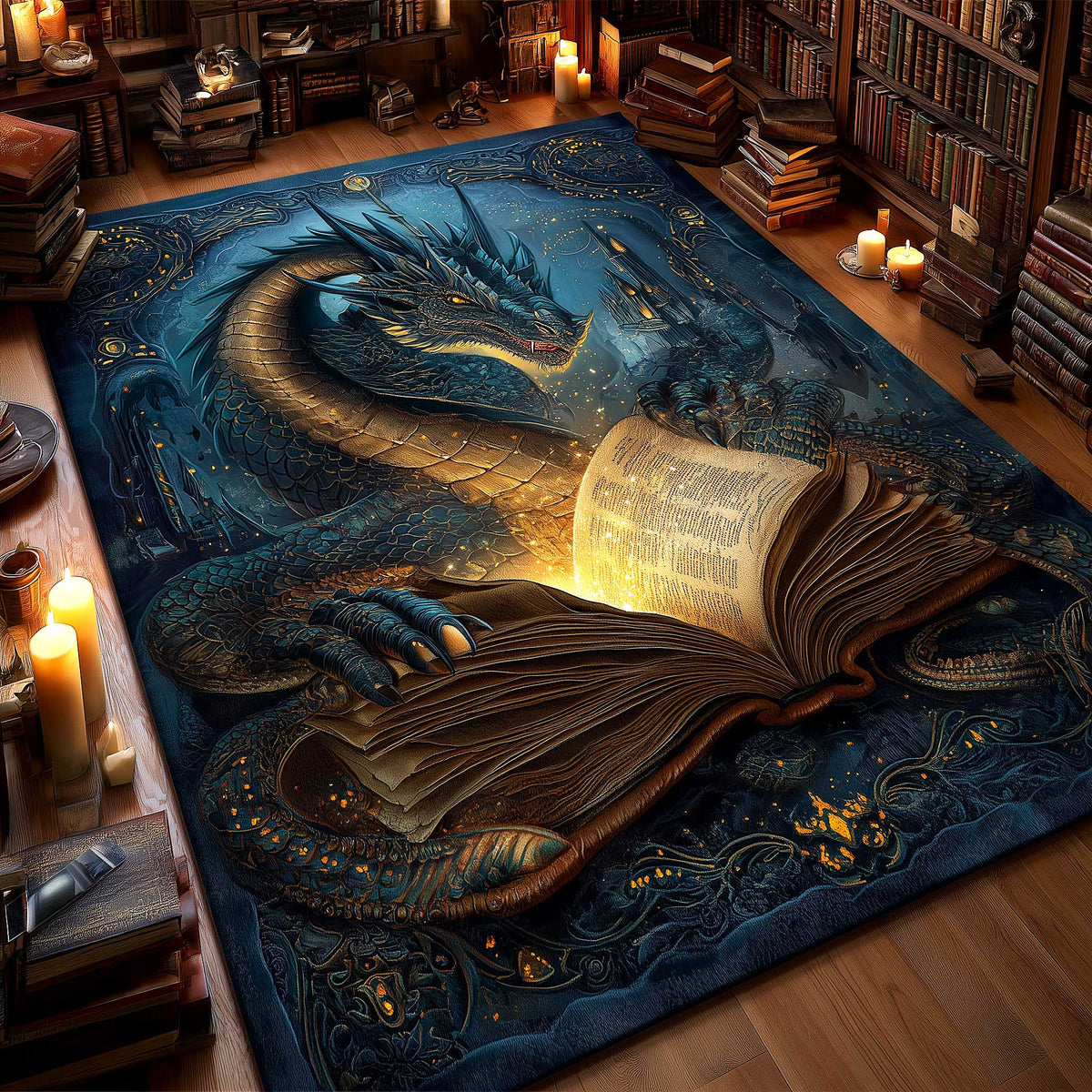 Dragon Codex area rug in a living room