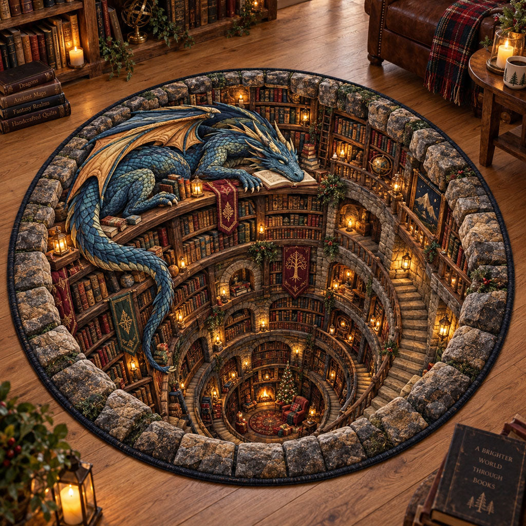 Dragon Guardian Reading Cave Round Mat Rug - Cute Animal Design | Charming Home Decor - washable non-slip printed rug