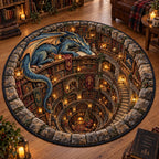 Dragon Guardian Reading Cave Round Mat Rug - Cute Animal Design | Charming Home Decor - washable non-slip printed rug