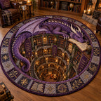 Dragon Keeper of Books Round Mat Rug - Cute Animal Design | Charming Home Decor - washable non-slip printed rug