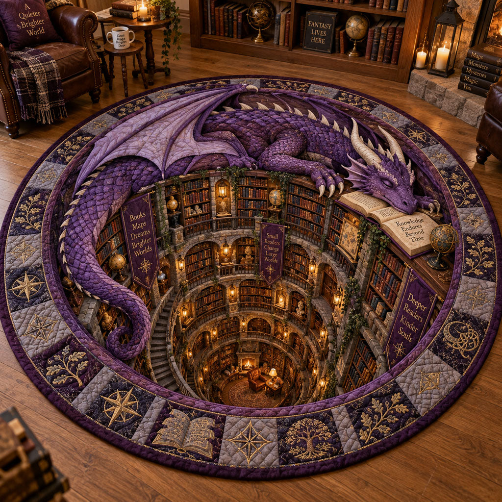 Dragon Keeper of Books Round Mat Rug - Cute Animal Design | Charming Home Decor - washable non-slip printed rug