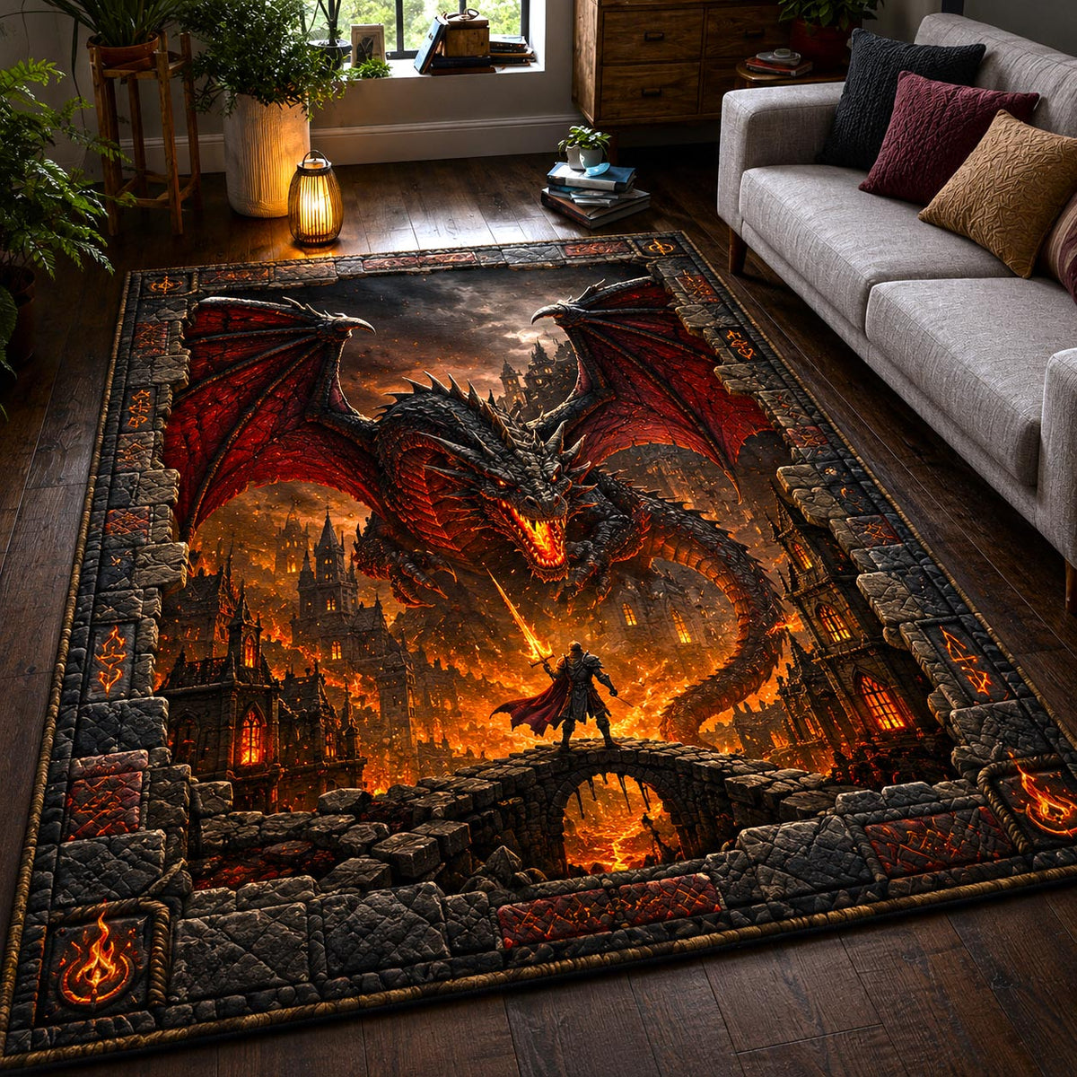 Dragon Legacy area rug in a living room