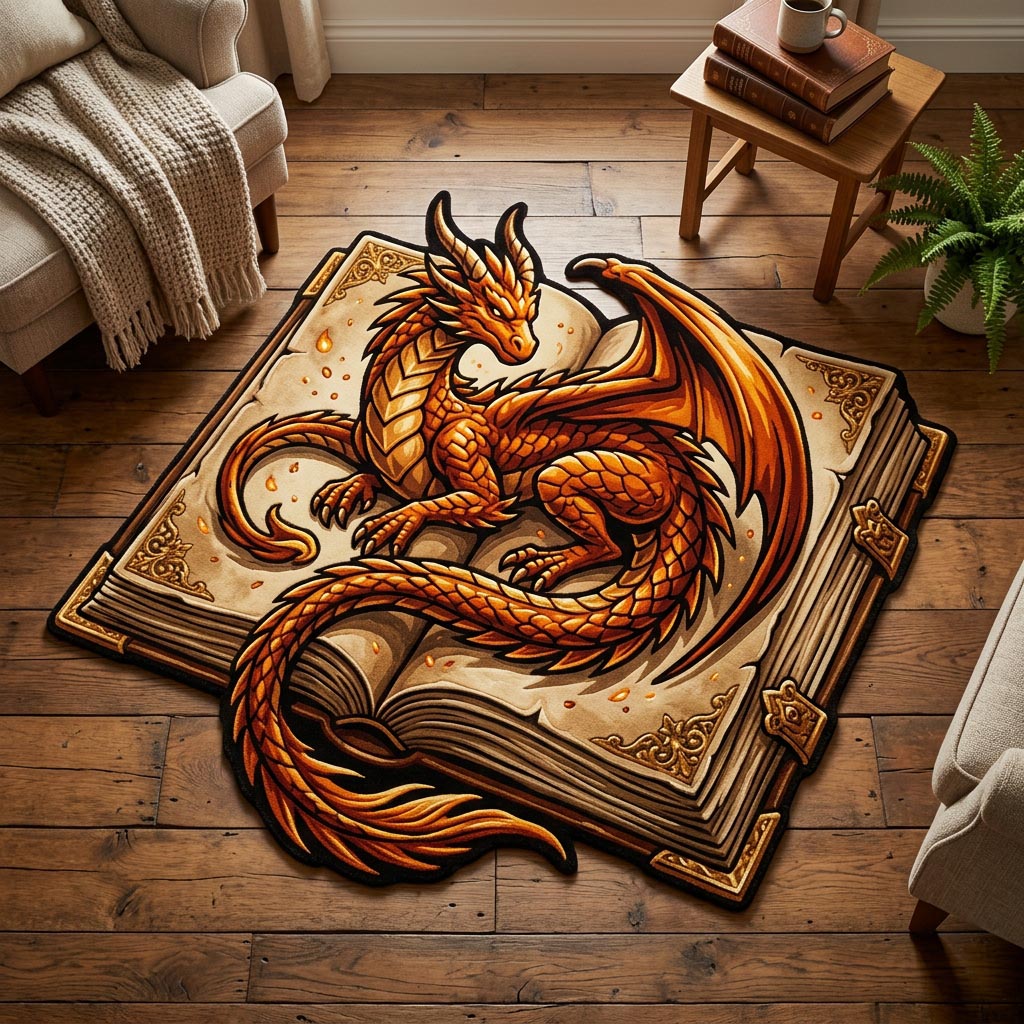 Dragon Library Custom Shape Area Rug - Cute Animal Design | Die-Cut Non-Slip Rug - washable non-slip printed rug
