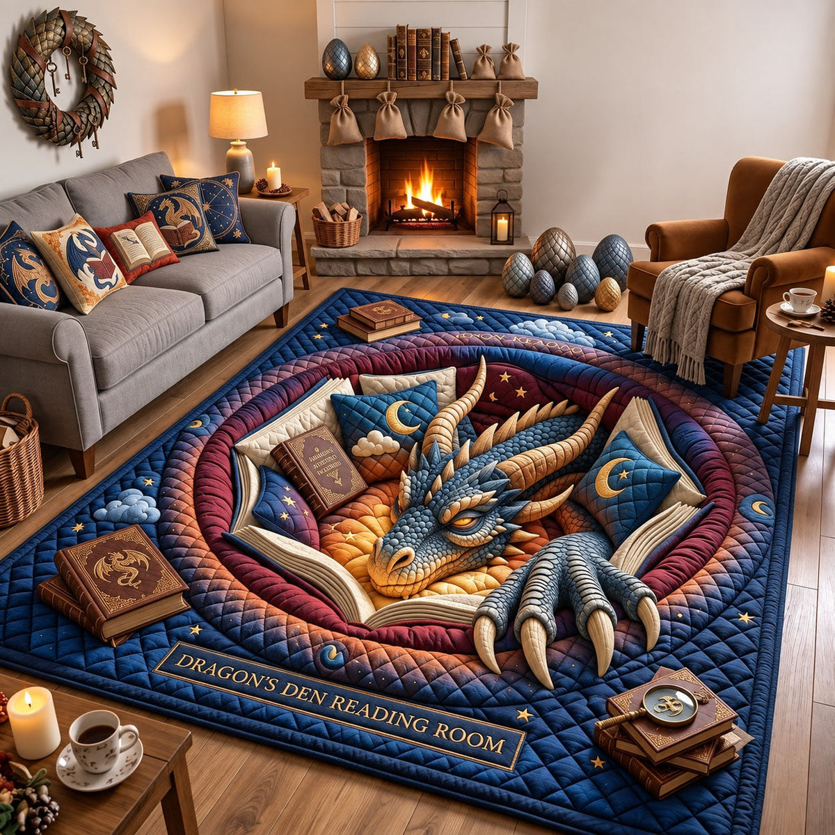 Dragon Reading Den area rug in a living room