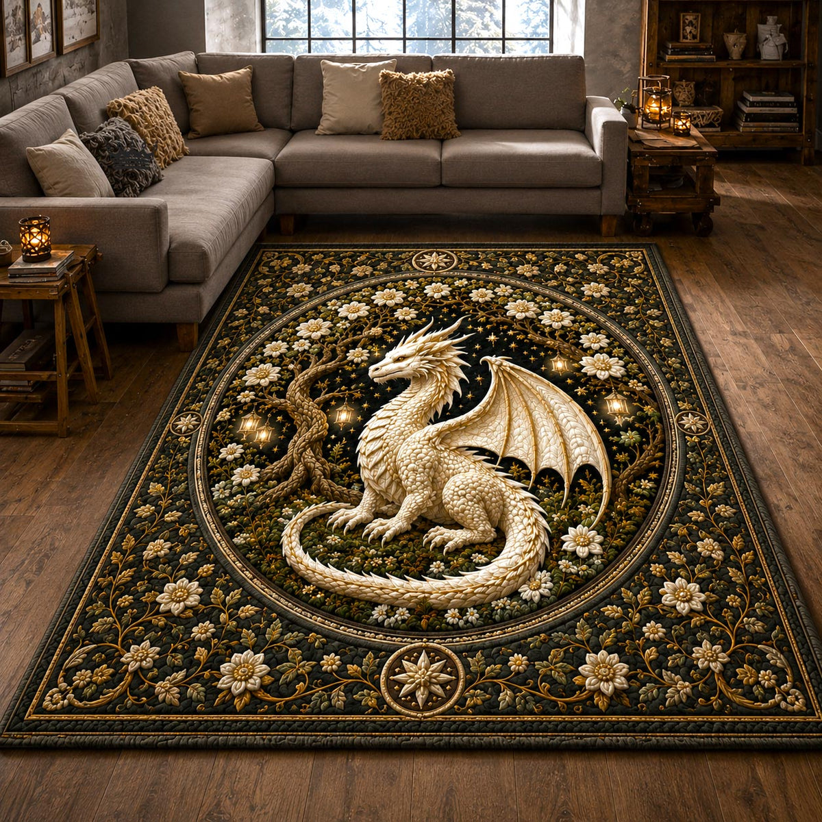 Dragon Spirit area rug in a living room